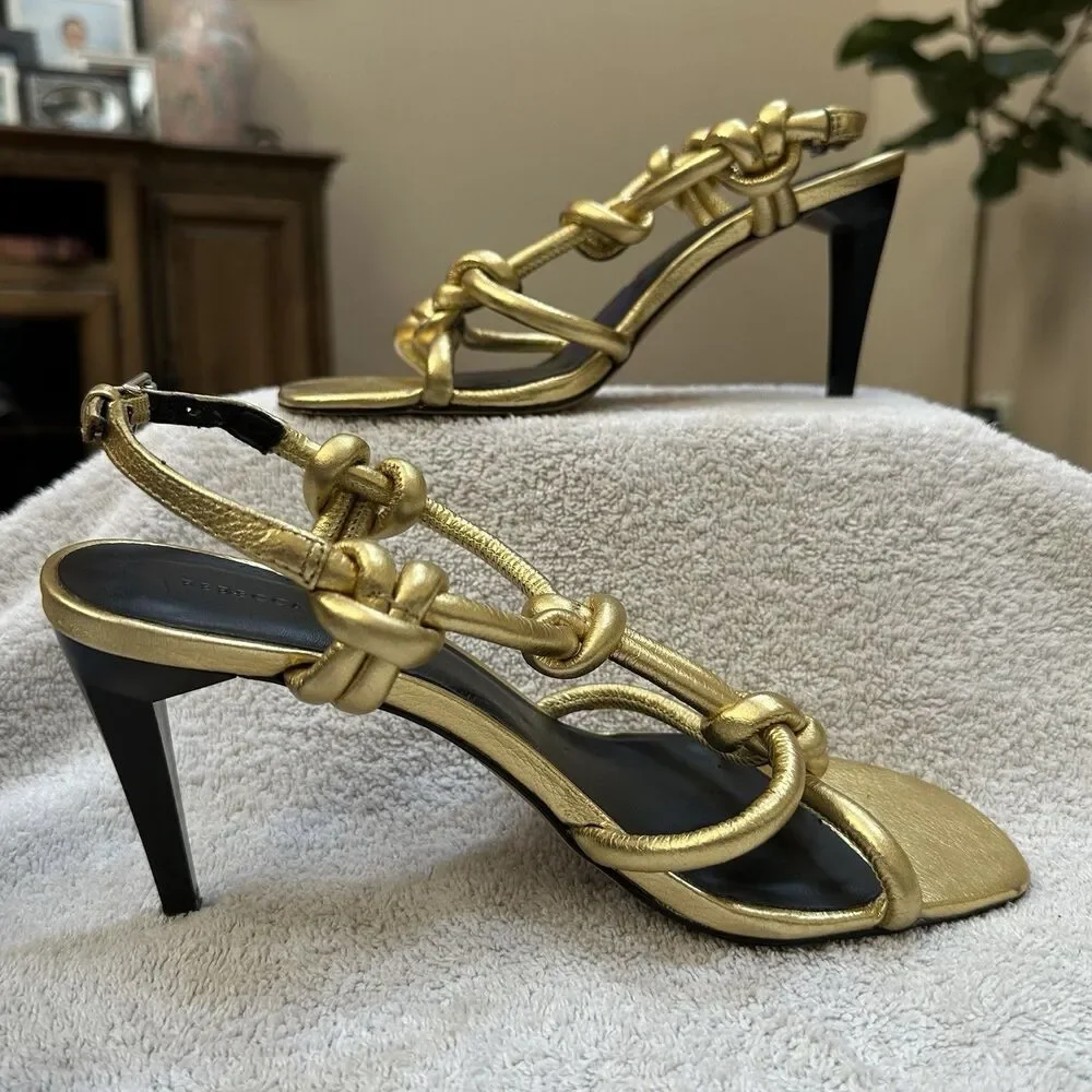 Rebecca Minkoff Gold Knot Heels | Strappy Leather Sandals Sz 8M – 3” Heel Glam